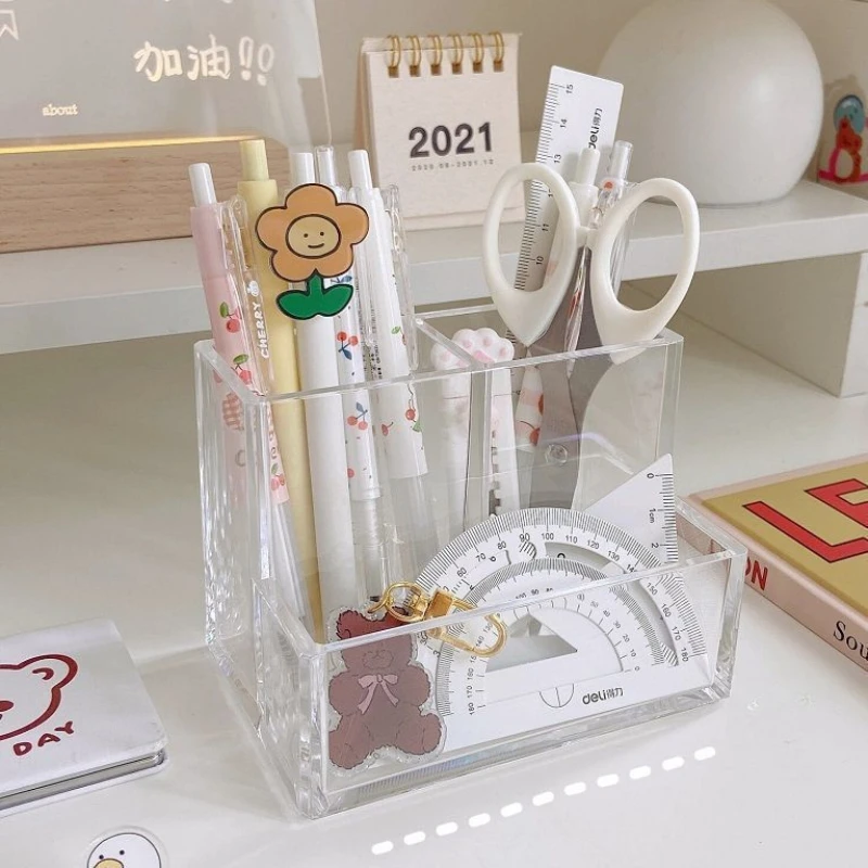 Home Office Tech Gadgets - ที่ใส่ปากกาสามช่องแบบอะคริลิคใสแบบเรียบง่ายโต๊ะทำงานที่จัดเก็บดินสอความจุขนาดใหญ่